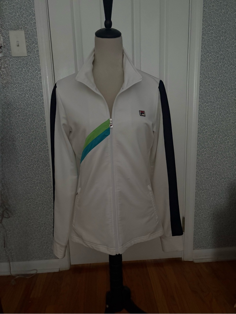 Fila White Track Jacket with Navy Sleeves and Green/Teal Stripe